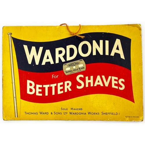 111 - WARDONIA SHAVING BLADES STAND UP ADVERTISEMENT CARD. 11.75 x 7.5ins. Striking colours. Flag pict wit... 