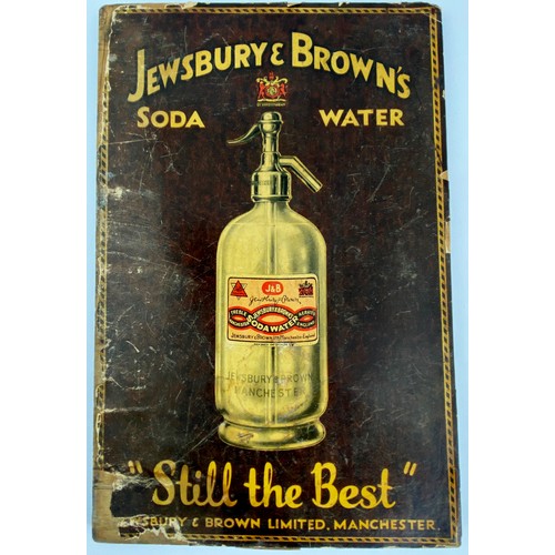 120 - JEWSBURY & BROWNS SODA WATER SHOWCARD. 11.5 x7.5ins Paper advert applied to wood backer with hinged ... 