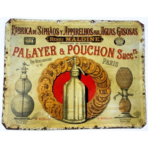 121 - HENRI MALDINE PARIS LITHOGRAPHED TIN SIGN. 12.25 X 9.5ins Multicoloured Images of Soda Syphons and 2... 