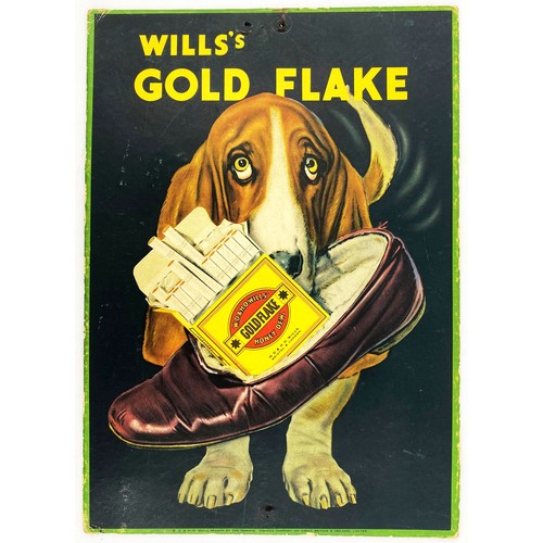 125 - WILLS GOLD FLAKE CARD ADVERT. 7 x 10ins. Pict of dog with shoe in mouth holding packet of cigarettes... 