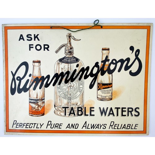 126 - RIMMINGTONS TABLE WATERS ADVERTISING CARD ADVERT. 14.5 x 11ins. Soda syphon pict plus two crown cap ... 