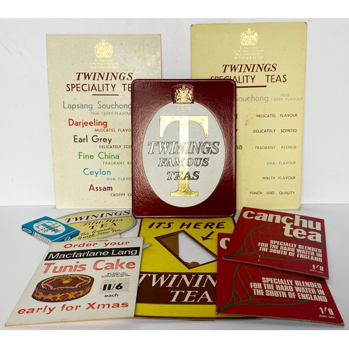 139 - TEA & CAKE CARD ADVERTISING SHOWCARDS. Largest 10 x 16ins. Inc Twinings Tea, Canchu tea & Macfarlane... 