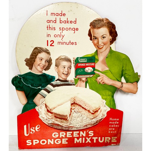 153 - GREENS SPONGE MIXTURE STAND UP CARD ADVERT. 11.5 x 13.5ins. Fab image of lady & two children with a ... 