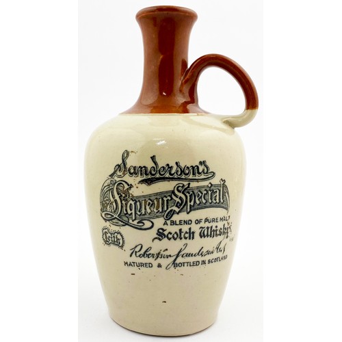 166 - SANDERSONS SCOTCH WHISKY JUG. 8.25ins tall. T. t. Handled, black transfer LIQUEUR SPECIAL/ SCOTCH WH... 