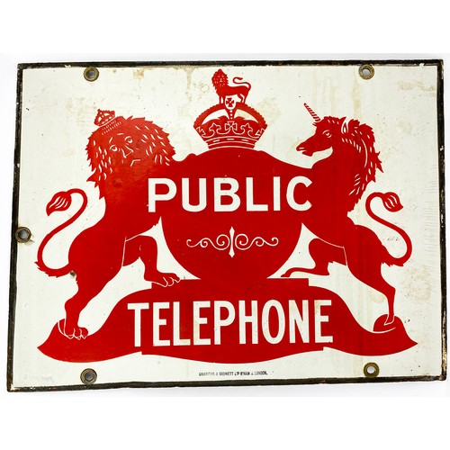 168 - PUBLIC TELEPHONE DOUBLE SIDED ENAMEL SIGN. 20 x 15ins. Coat of arms type style silhouette in red wit... 