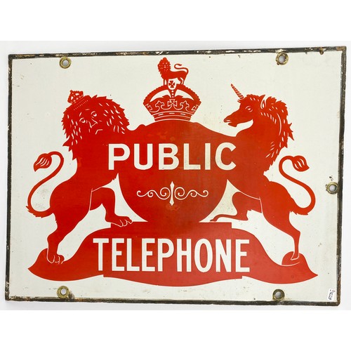 168 - PUBLIC TELEPHONE DOUBLE SIDED ENAMEL SIGN. 20 x 15ins. Coat of arms type style silhouette in red wit... 