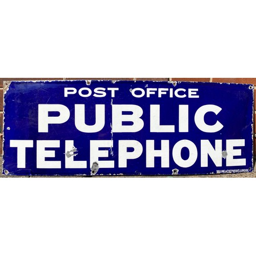 169 - POST OFFICE PUBLIC TELEPHONE ENAMEL SIGN. 12 x 33ins. Rectangular blue background with 3 lines of bo... 