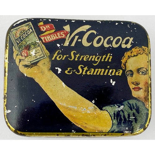 172 - R TIBBLES VI COCOA TIN. 2.25 x 2ins. Pict of man holding a packet up. FOR STRENGTH/ & STAMINA. Surfa... 