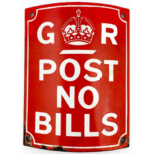 175 - GR POST NO BILLS ENAMEL SIGN. 5 x 7ins. Curved sign. Restored & little rusting to bottom edge.