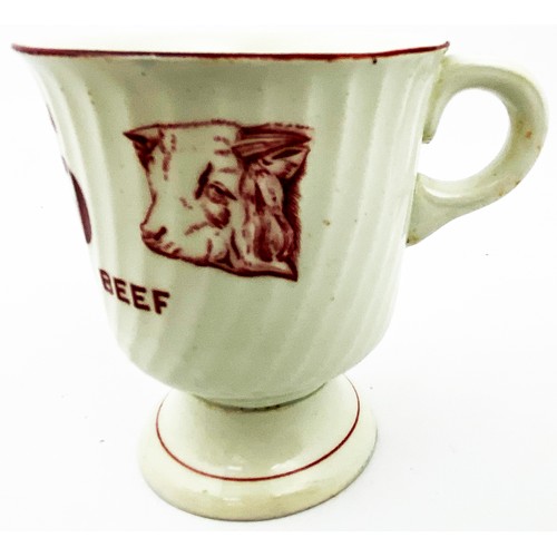 176 - OXO CUP. 3.5ins tall. Red/ pink transfer, handle to side. INSIST ON/ OXO/ STRENGTH OF BEEF, Cow pict... 