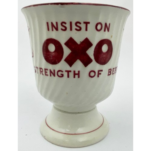 176 - OXO CUP. 3.5ins tall. Red/ pink transfer, handle to side. INSIST ON/ OXO/ STRENGTH OF BEEF, Cow pict... 