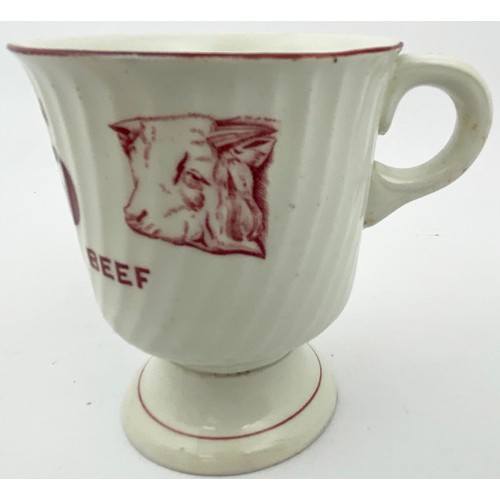 176 - OXO CUP. 3.5ins tall. Red/ pink transfer, handle to side. INSIST ON/ OXO/ STRENGTH OF BEEF, Cow pict... 