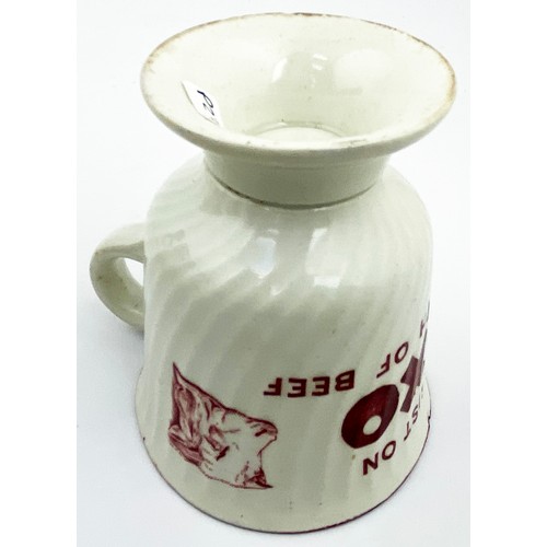 176 - OXO CUP. 3.5ins tall. Red/ pink transfer, handle to side. INSIST ON/ OXO/ STRENGTH OF BEEF, Cow pict... 