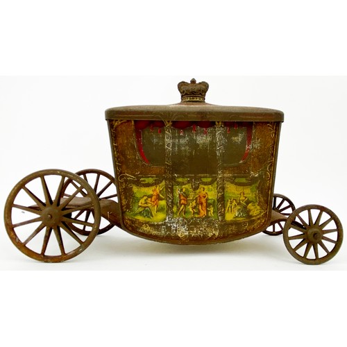 177 - W & R JACOB & CO LTD CARRIAGE BISCUIT TIN. 9 x 5.5ins. Carriage shape with moving wheels, removable ... 