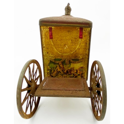 177 - W & R JACOB & CO LTD CARRIAGE BISCUIT TIN. 9 x 5.5ins. Carriage shape with moving wheels, removable ... 