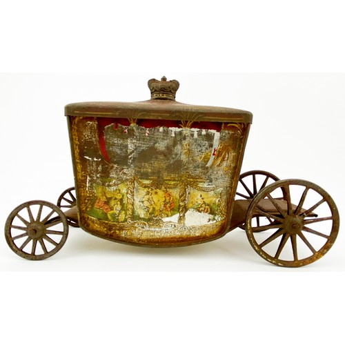 177 - W & R JACOB & CO LTD CARRIAGE BISCUIT TIN. 9 x 5.5ins. Carriage shape with moving wheels, removable ... 