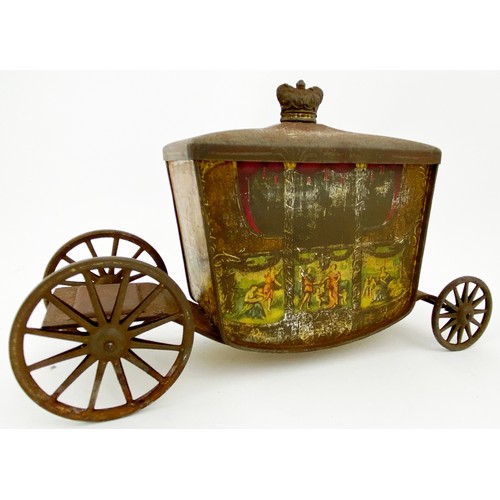 177 - W & R JACOB & CO LTD CARRIAGE BISCUIT TIN. 9 x 5.5ins. Carriage shape with moving wheels, removable ... 