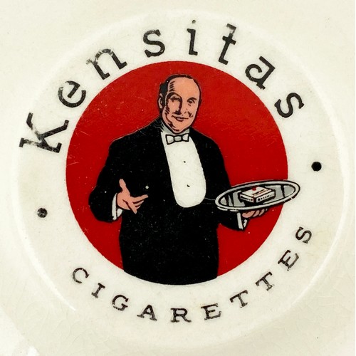 179 - KENSITAS CIGARETTES ASGTRAY DUO. 6ins diam 4.25x4.25 ins  Butler pict to centre  of both black wordi... 