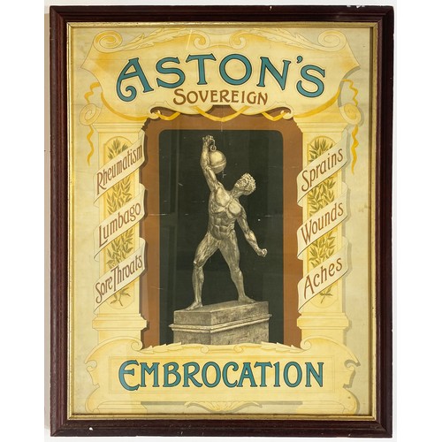 185 - ASTONS EMBROCATION FRAMED ADVERT. 26 x 21ins. Pict of weight lifting man to centre with pillars at e... 