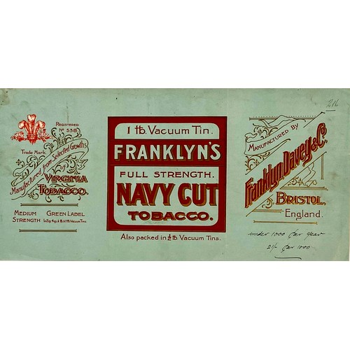 187 - FRANKLYNS NAVY CUT TOBACCO PACKAGING LABEL. 14 x 7ins. Red & gold paper label, three seperate sectio... 