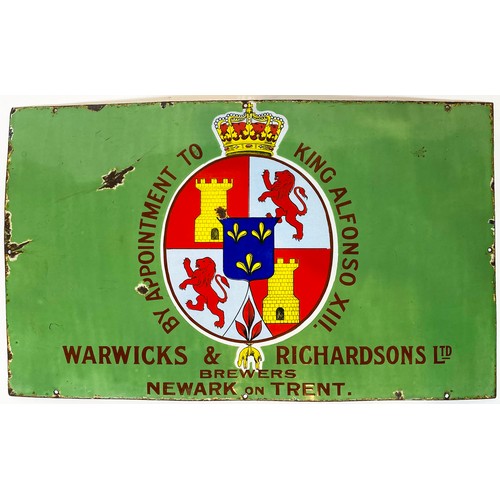 190 - WARWICKS & RICHARDSONS LTD BREWERS NEWARK ENAMEL SIGN. 30 x 18ins. Green background with striking co... 