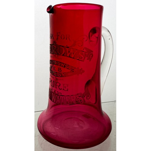 191 - DERBY TABLE WATERS ACID ETCHED JUG. 8.25ins tall. Cranberry coloured glass, clear glass hand applied... 