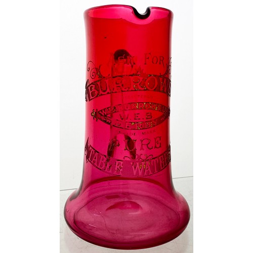 191 - DERBY TABLE WATERS ACID ETCHED JUG. 8.25ins tall. Cranberry coloured glass, clear glass hand applied... 