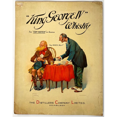 196 - KING GEORGE IV WHISKY CARD ADVERT. 19 x 24ins. Multicoloured with two men pict pouring drink. Edge w... 