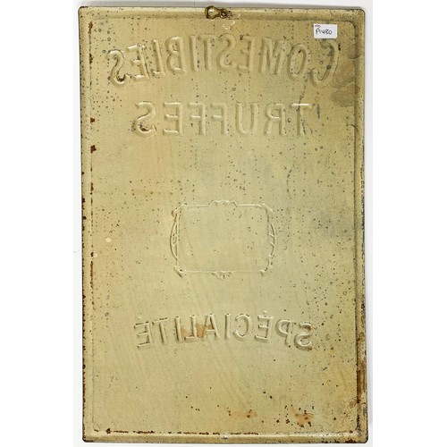 201 - TRUFFES TIN SIGN. 10 x 15ins. Embossed, 3D effect, writing with t. m. of deer to centre. Scratches &... 