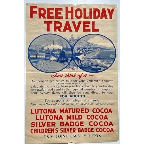 211 - CWS FREE TRAVEL POSTER. 19.5 x 29.5ins. FREE HOLIDAY/ TRAVEL, several lines of writing about collect... 