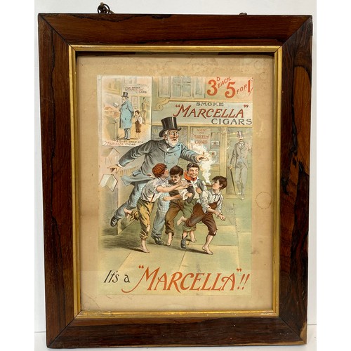 221 - MARCELLA CIGARS FRAMED ADVERT. 16.5 x 21ins. Multicoloured image of children & man in street. Some s... 