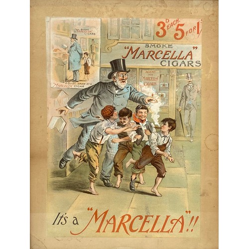 221 - MARCELLA CIGARS FRAMED ADVERT. 16.5 x 21ins. Multicoloured image of children & man in street. Some s... 