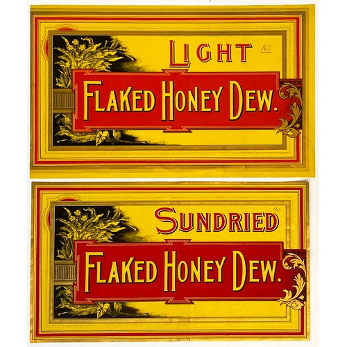 222 - FLAKED HONEY DEW PACKAGING LABELS DUO. 15 x 9ins. Striking coloured paper pabels. LIGHT & SUNDRIED. ... 