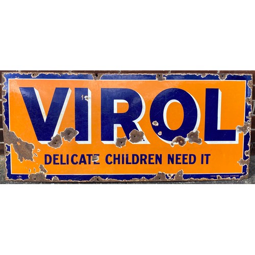 239 - VIROL ENAMEL SIGN. 48 x 21ins. Large blue and white main lettering on strong orange ground. Below DE... 