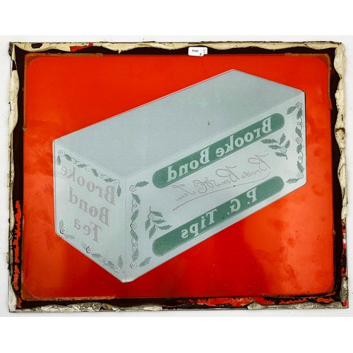 263 - BROOKE BOND GLASS ADVERTISING SIGN. 12x 15ins. Bright colours with tea box,remnants of glue to outer... 