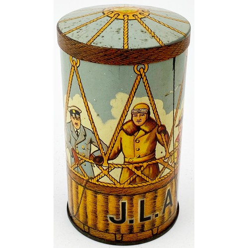 271 - LYONS TOFFEE TIN. 5ins tall. Hot air balloon image with various passengers in the basket. Initials J... 