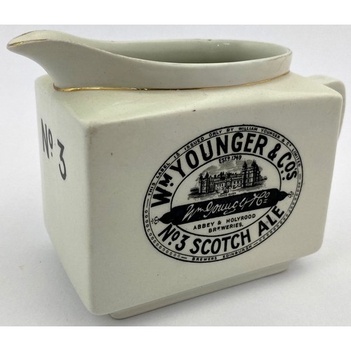 285 - WM YOUNGER SCOTCH ALE PUB JUG. 3.75ins. White glaze, black transfer, double sided, square bodied. WM... 