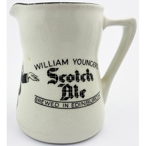 288 - WILLIAM YOUNGERS SCOTCH ALE PUB JUG. 4.5ins tall. White glaze, black transfer, pict of man in cheaqu... 