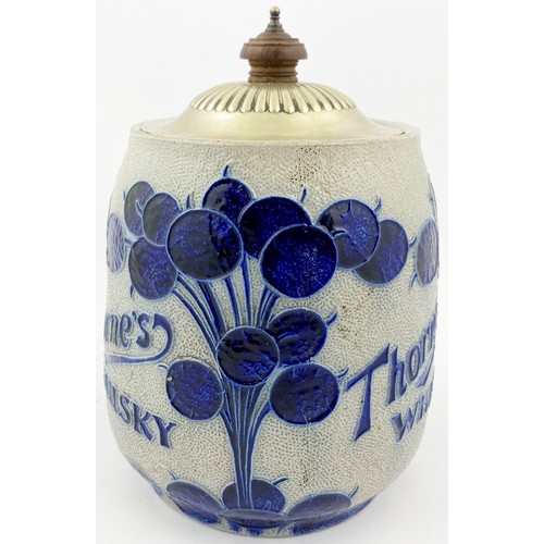 301 - THORNES WHISKY JAR. 8ins tall. Stoneware lidded jar with blue & grey tube like detailing. THORNEâS... 