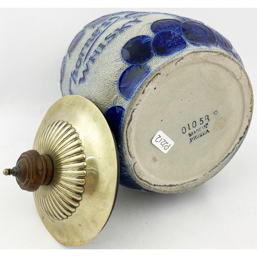 301 - THORNES WHISKY JAR. 8ins tall. Stoneware lidded jar with blue & grey tube like detailing. THORNEâS... 