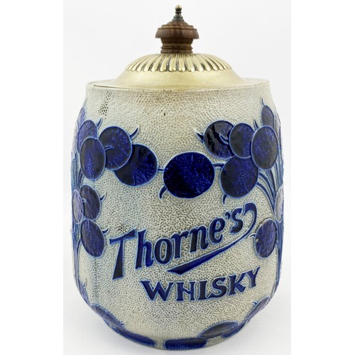 301 - THORNES WHISKY JAR. 8ins tall. Stoneware lidded jar with blue & grey tube like detailing. THORNEâS... 