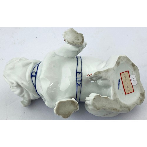 307 - BULLDOG GUINNESS FIGURE. 7ins tall. All white characterful seated bulldog some black patches, blue l... 