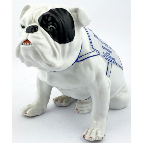 307 - BULLDOG GUINNESS FIGURE. 7ins tall. All white characterful seated bulldog some black patches, blue l... 