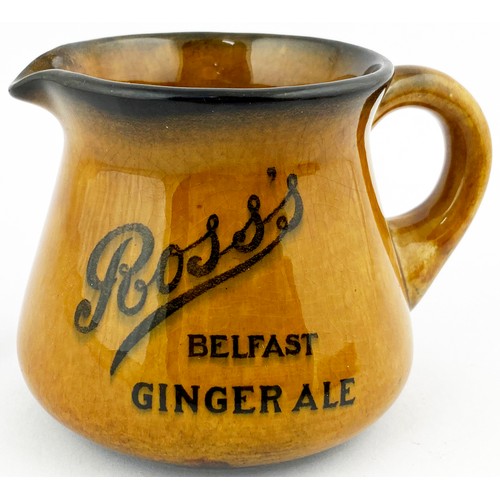 315 - ROSSS BELFAST GINGER ALE JUG. 3.25ins. Brown glaze, black transfer, side handle, double transfer IND... 