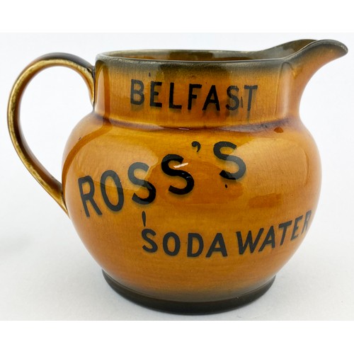 316 - ROSSS BELFAST GINGER ALE JUG. 4ins tall. Brown glaze, black transfer, side handle, double transfer S... 