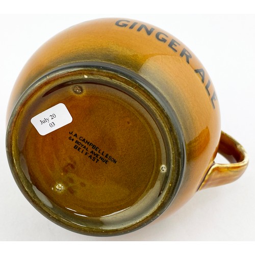 316 - ROSSS BELFAST GINGER ALE JUG. 4ins tall. Brown glaze, black transfer, side handle, double transfer S... 