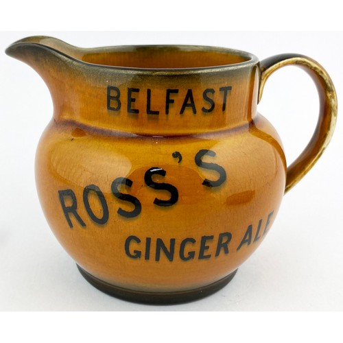 316 - ROSSS BELFAST GINGER ALE JUG. 4ins tall. Brown glaze, black transfer, side handle, double transfer S... 