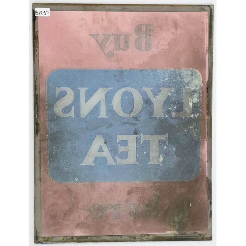 320 - YONS TEA GLASS WINDOW SIGN. 8.5 x 11.25ins. Blue & orange. Very thin. Slight staining & marks to rea... 