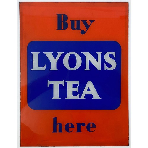 320 - YONS TEA GLASS WINDOW SIGN. 8.5 x 11.25ins. Blue & orange. Very thin. Slight staining & marks to rea... 