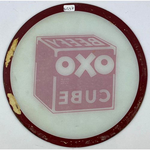 322 - BEEFY OXO CUBE GLASS WINDOW SIGN. 9ins diam. Used for shop window displays. Red & frosted white colo... 